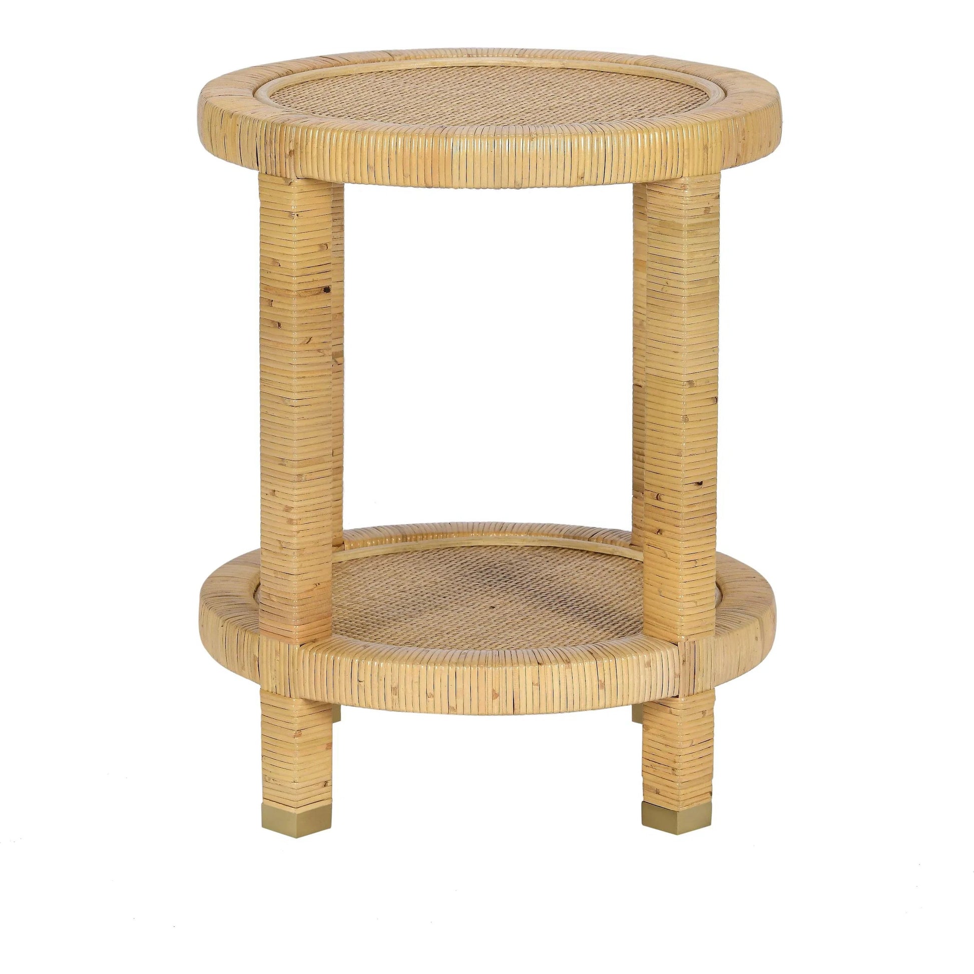 Amara Rattan Side Table by TOV Furniture in natural. Made from brass, plywood, rattan, wood in a rustic style.