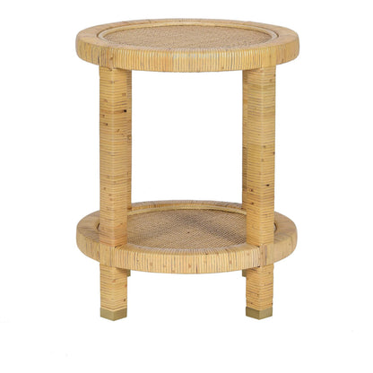 Amara Rattan Side Table by TOV Furniture in natural. Made from brass, plywood, rattan, wood in a rustic style.