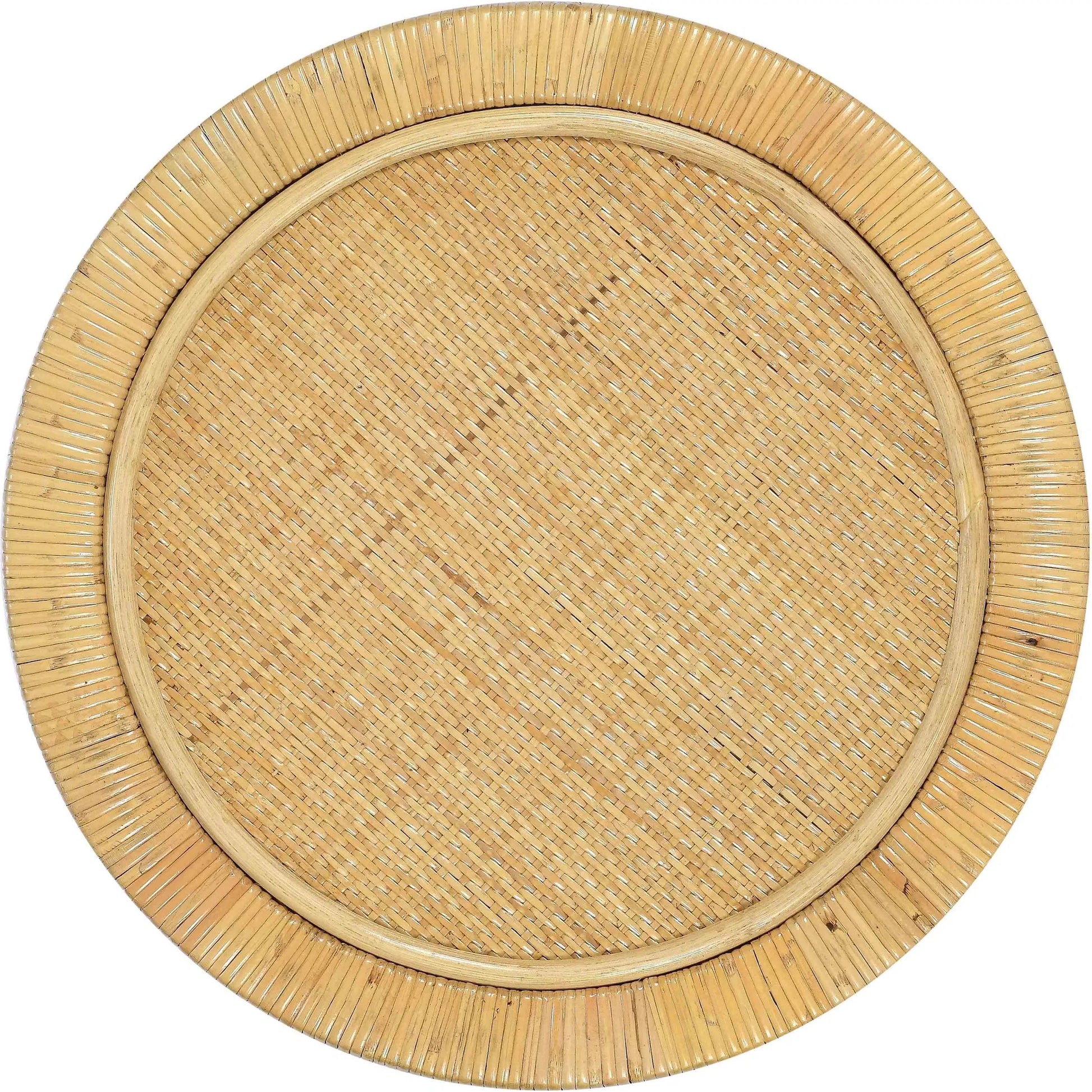 Amara Rattan Side Table by TOV Furniture in natural. Made from brass, plywood, rattan, wood in a rustic style.