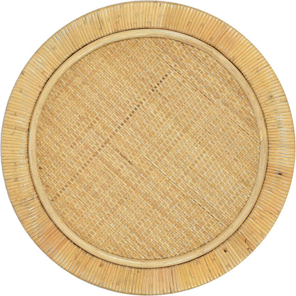 Amara Rattan Side Table by TOV Furniture in natural. Made from brass, plywood, rattan, wood in a rustic style.