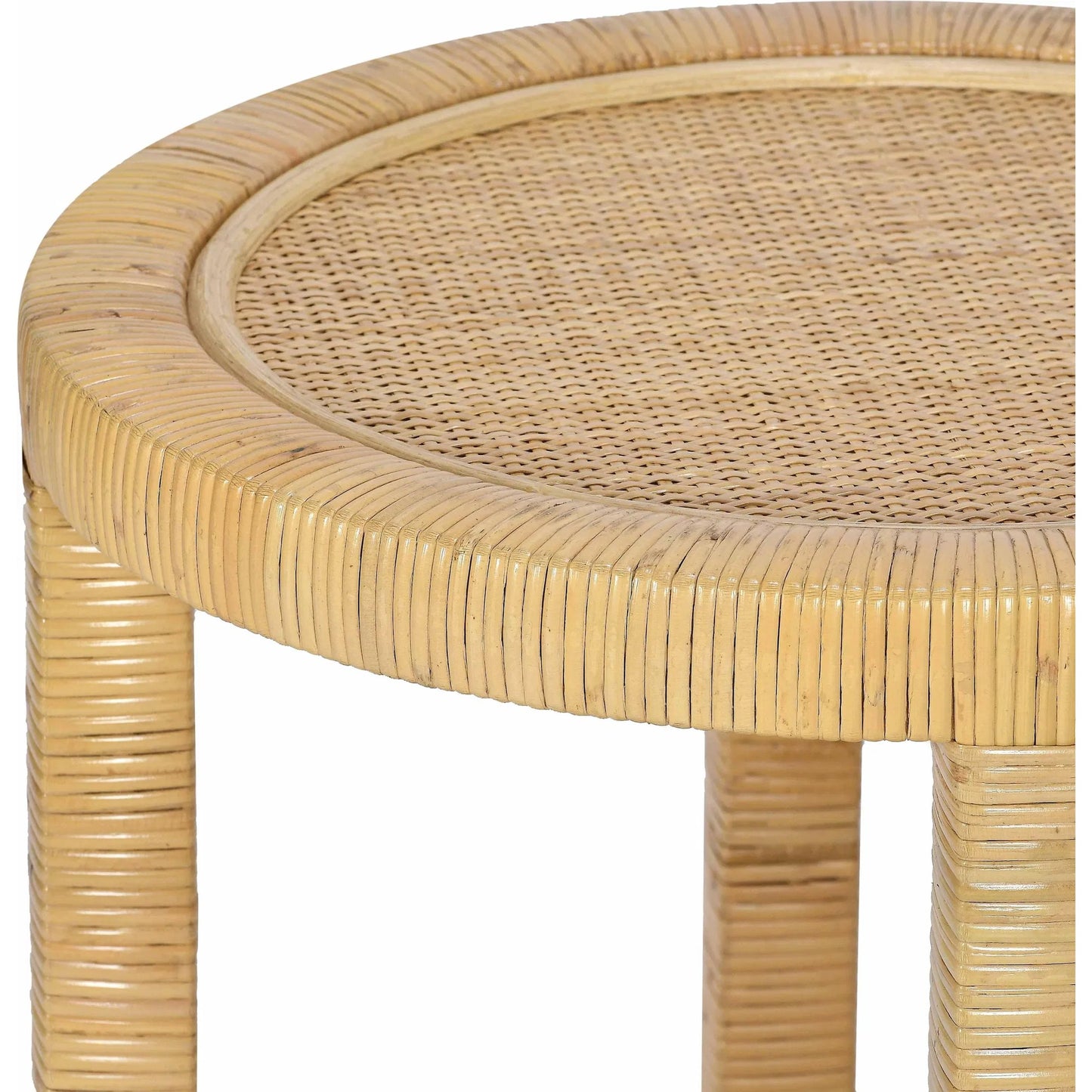 004 SI-2439902 | Closeup | Amara Rattan Side Table by TOV Furniture in natural. Made from brass, plywood, rattan, wood in a rustic style.