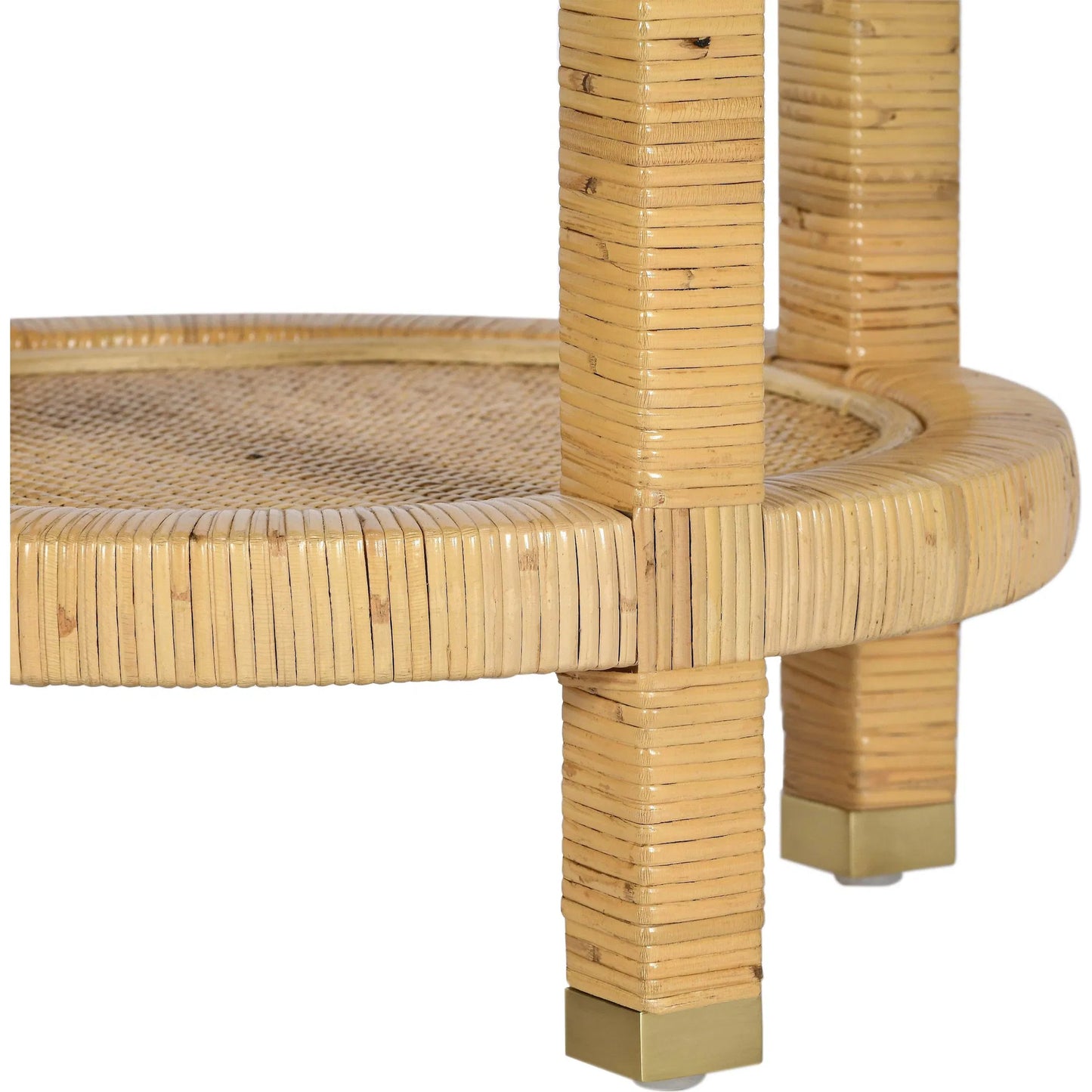 005 SI-2439902 | Closeup | Amara Rattan Side Table by TOV Furniture in natural. Made from brass, plywood, rattan, wood in a rustic style.