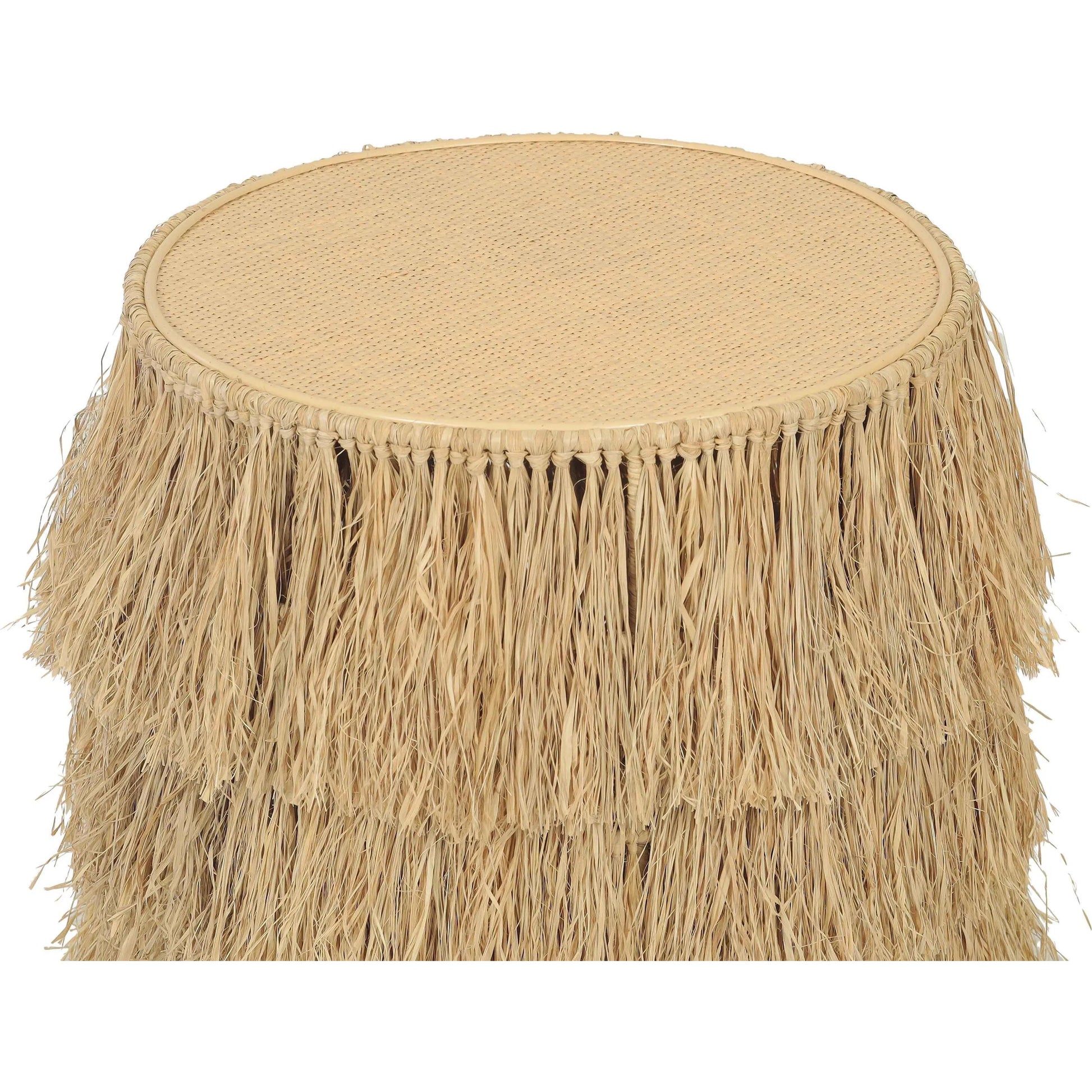 Luau Rattan Round End Table by TOV Furniture in natural. Made from rattan in a unique style.
