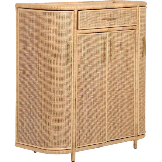 Tarot Rattan Bar Cabinet by TOV Furniture in natural. Made from plywood, rattan in a unique style.