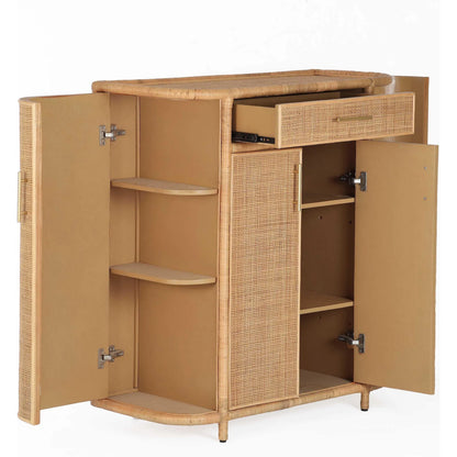 Tarot Rattan Bar Cabinet by TOV Furniture in natural. Made from plywood, rattan in a unique style.