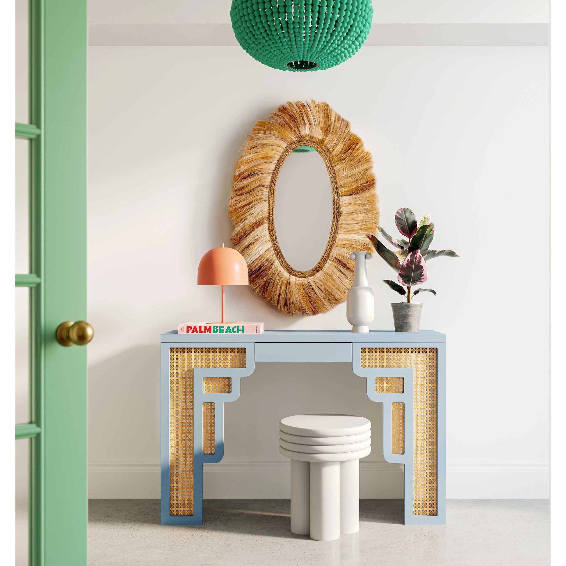 Suzie Rattan Console Table by TOV Furniture. Made from mdf, rattan in a modern style.