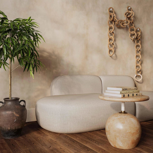 Mire Faux Marble Side Table by TOV Furniture in rose. Made from concrete, iron in a transitional style.