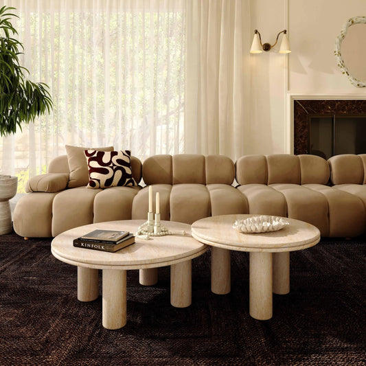 Amora Faux Round Accent Table by TOV Furniture in travertine. Made from concrete in a unique style.