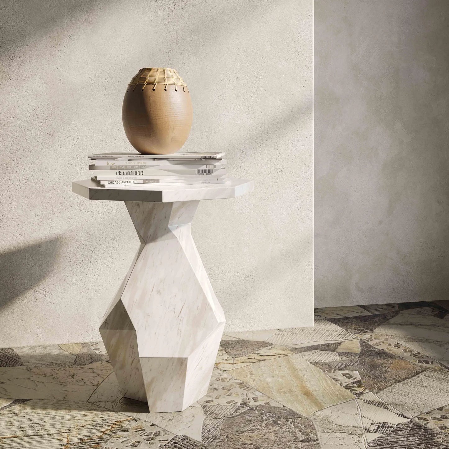 007 SI-2356294 | Lifestyle | Esme Faux Marble Indoor/Outdoor Round Side Table by TOV Furniture in white. Made from concrete in a modern style.