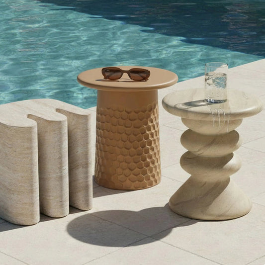 Hyre Indoor/Outdoor Side Table by TOV Furniture in travertine. Made from concrete in a modern style.