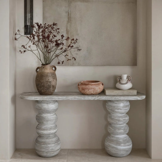 Hyre Indoor/Outdoor Console Table by TOV Furniture in natural stone. Made from concrete in a modern style.