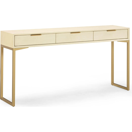 Pesce Shagreen 3 Drawer Console Table by TOV Furniture in cream. Made from fabric, mdf, metal in a transitional style.