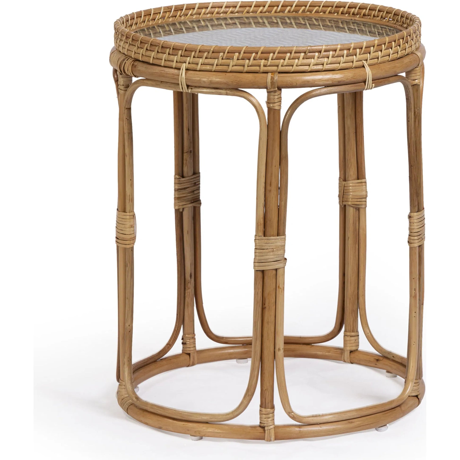 Lindy Side Table by TOV Furniture in natural. Made from plywood, rattan, tempered glass in a unique style.