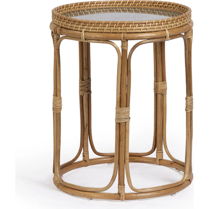 Lindy Side Table by TOV Furniture in natural. Made from plywood, rattan, tempered glass in a unique style.