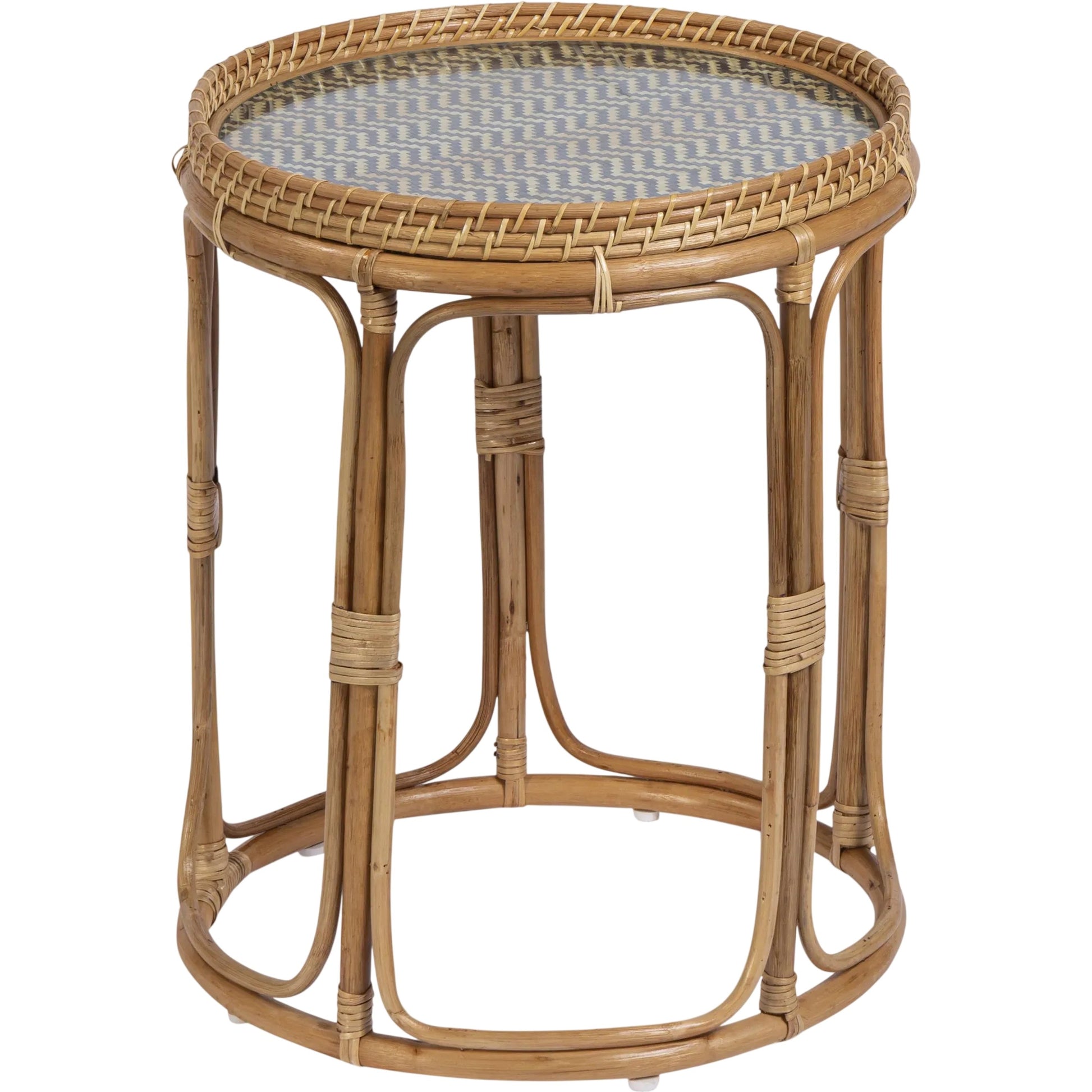 Lindy Side Table by TOV Furniture in natural. Made from plywood, rattan, tempered glass in a unique style.