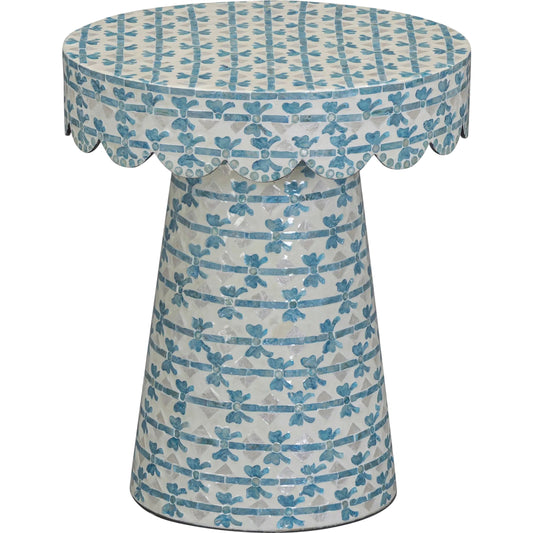 Lady Ribbon Capiz Round Side Table by TOV Furniture in blue. Made from mdf, shell in a unique style.