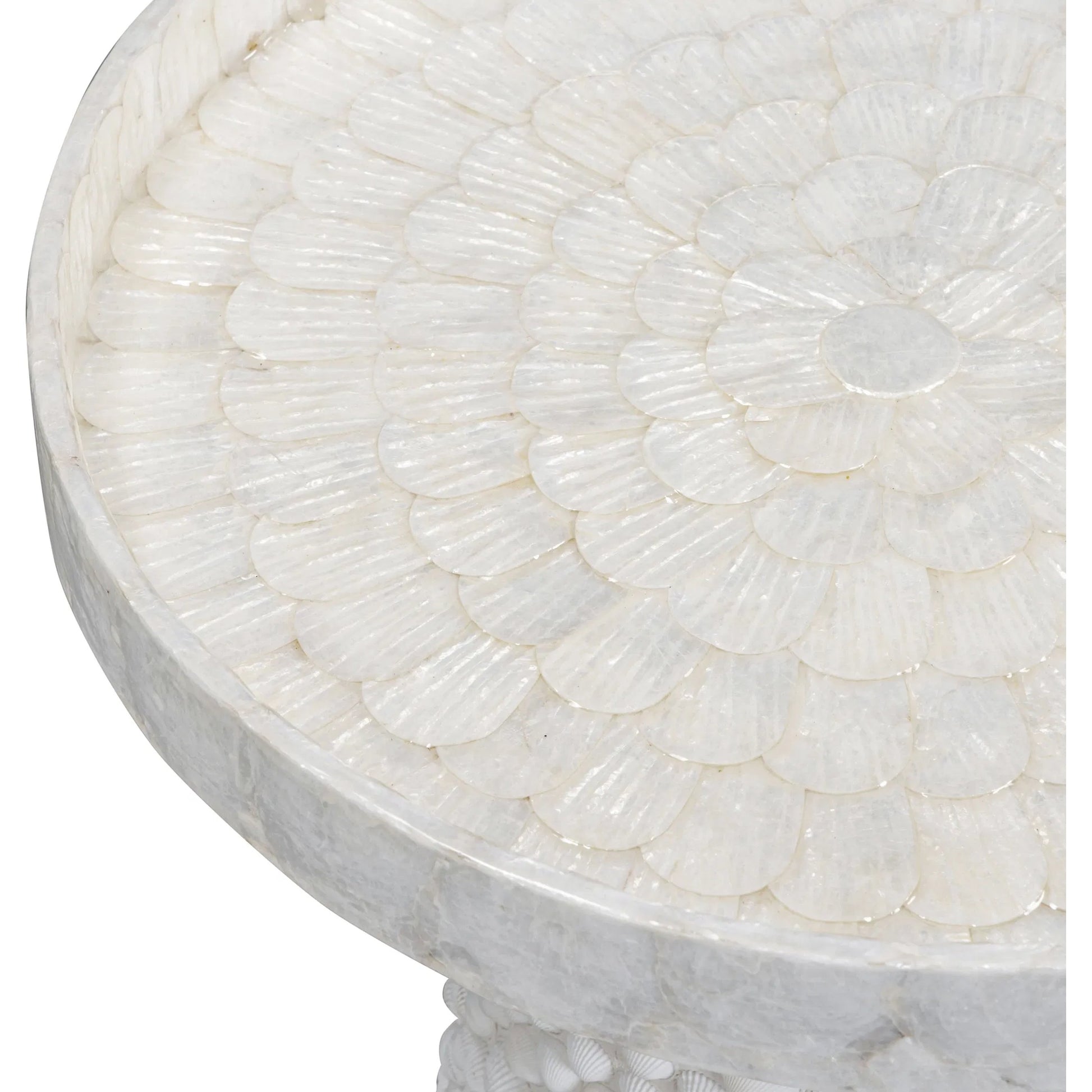 Coast White Seashell Round Side Table by TOV Furniture in pearl. Made from mdf, shell in a unique style.