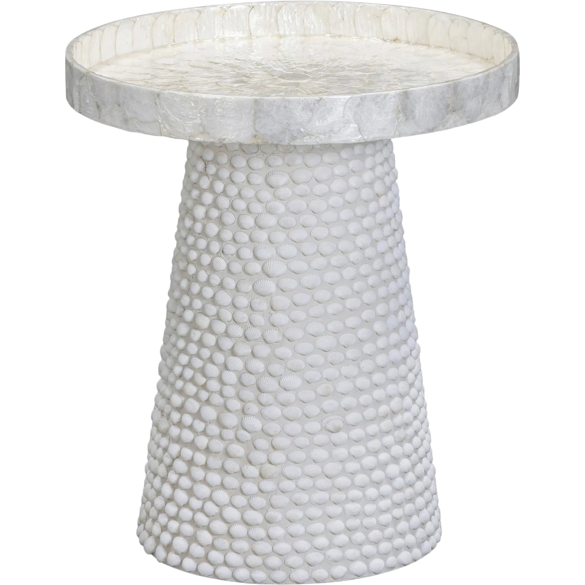 Coast White Seashell Round Side Table by TOV Furniture in pearl. Made from mdf, shell in a unique style.