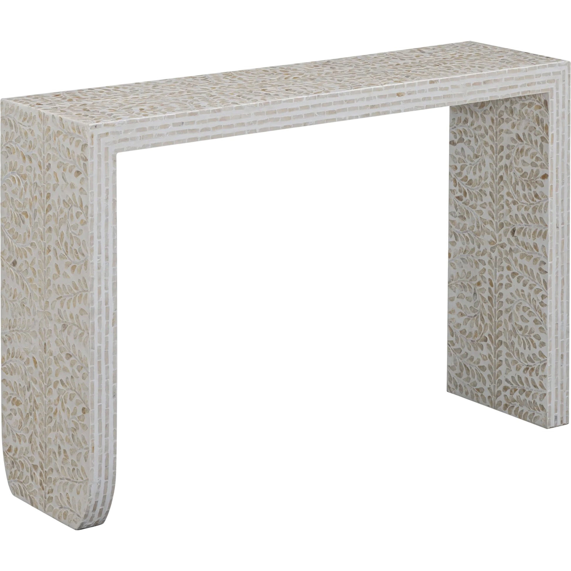 Cyprus Capiz Console Table by TOV Furniture in cream. Made from mdf, shell in a unique style.