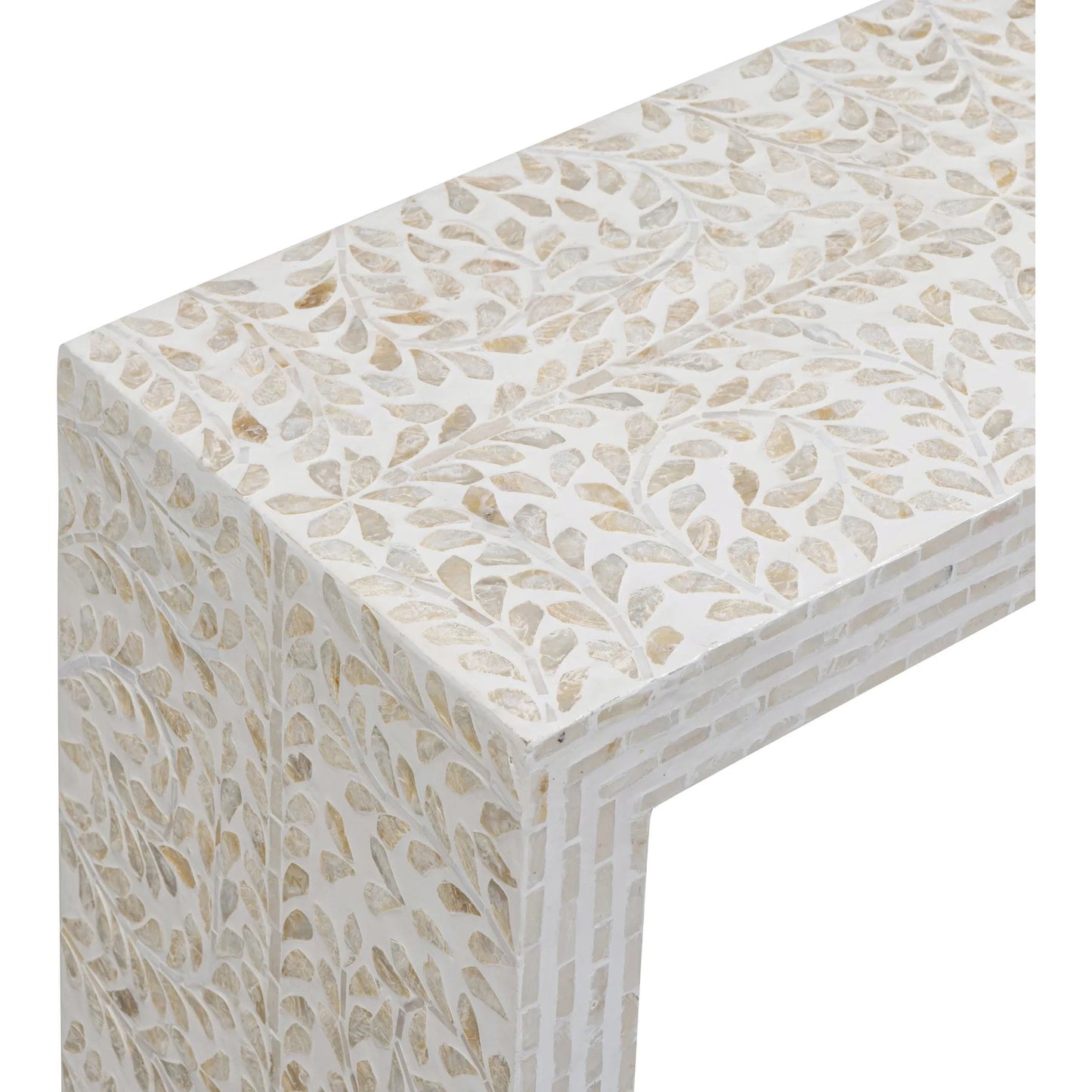 001 SI-2532637 | Closeup | Cyprus Capiz Console Table by TOV Furniture in cream. Made from mdf, shell in a unique style.
