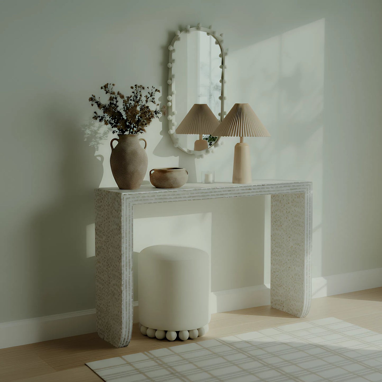003 SI-2532637 | Lifestyle | Cyprus Capiz Console Table by TOV Furniture in cream. Made from mdf, shell in a unique style.