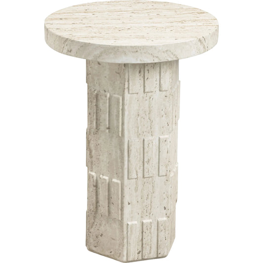 Asta Faux Indoor/Outdoor Side Table by TOV Furniture in travertine. Made from concrete, metal in a unique style.