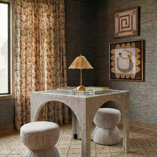 Tomlin Performance Game Table Two Ottomans Set by TOV Furniture. Made from chenille, glass, mdf, plywood in a unique style.