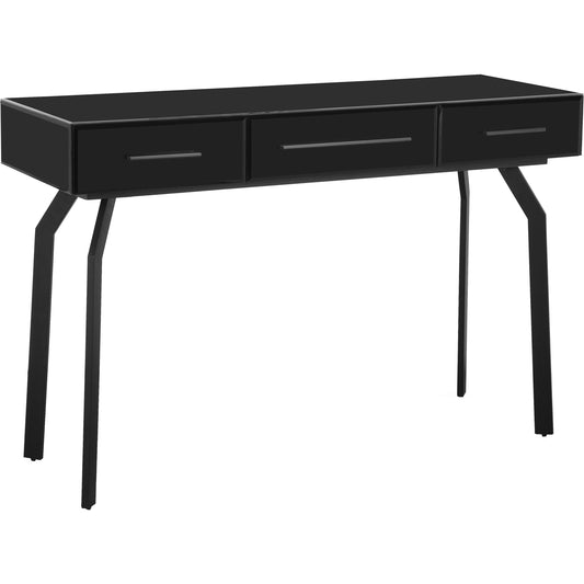Santana Console Table by TOV Furniture in black. Made from glass, iron, mdf in a transitional style.