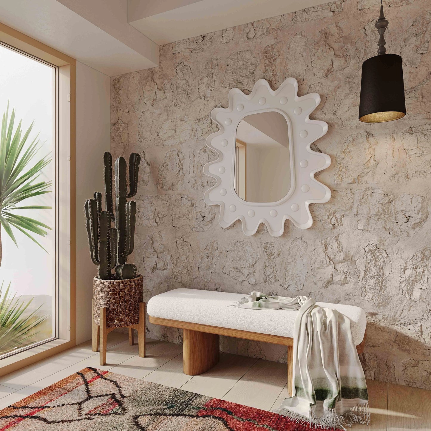 006 SI-1984426 | Lifestyle | Ollie Boucle Bench by TOV Furniture in natural ash, white. Made from ash wood, boucle polyester in a modern style.