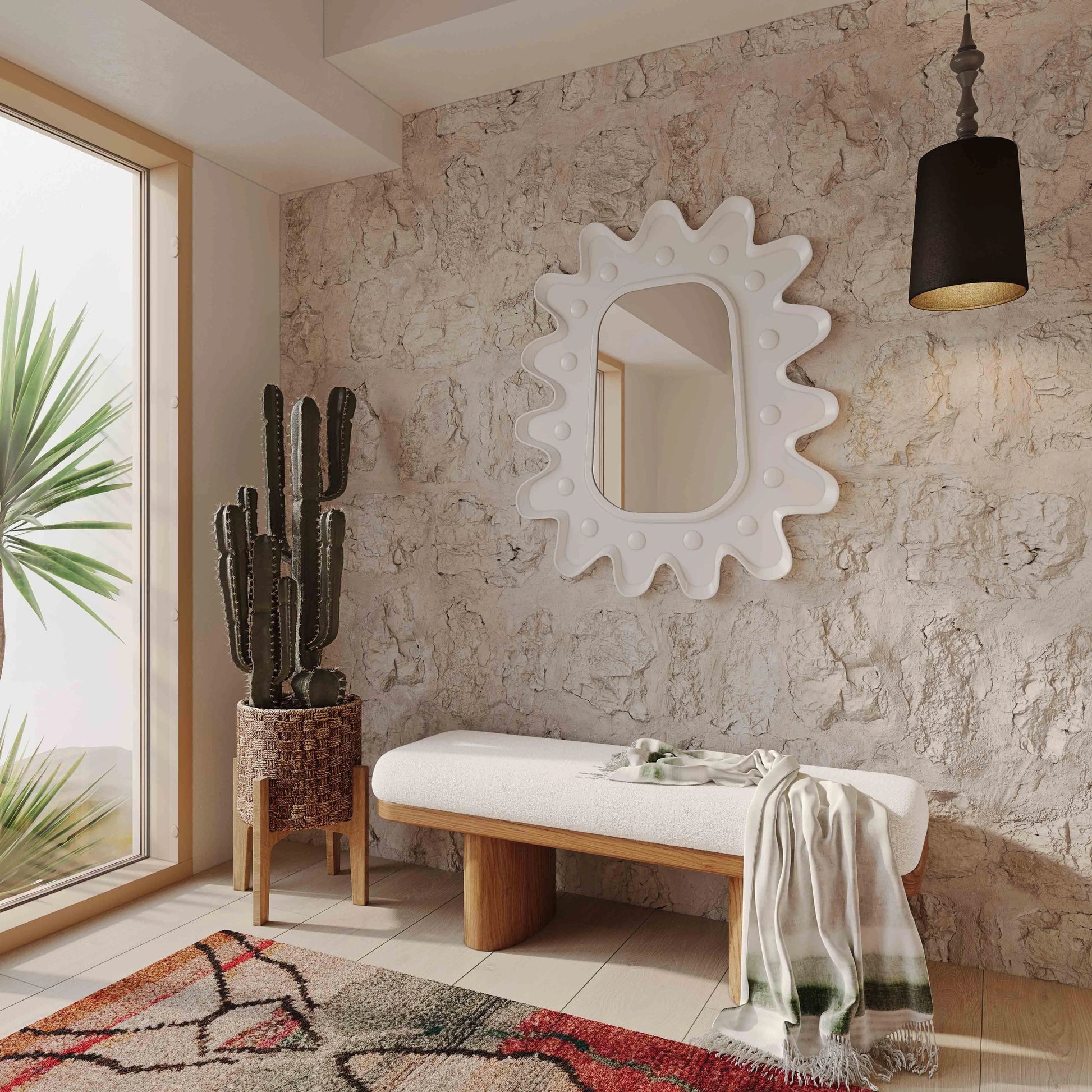 Ollie Boucle Bench by TOV Furniture in natural ash, white. Made from ash wood, boucle polyester in a modern style.