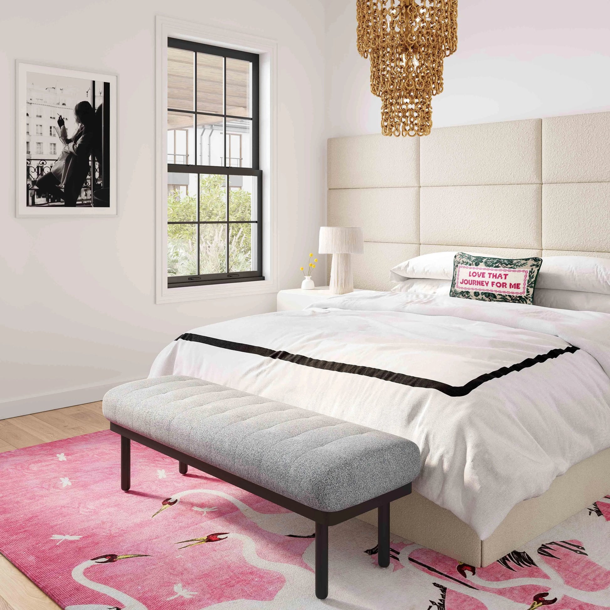 Olivia Boucle Bench by TOV Furniture. Made from boucle, iron, wood in a modern style.