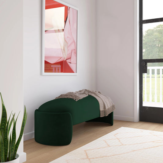 Toledo Velvet Bench by TOV Furniture in forest green. Made from velvet, wood in a modern style.
