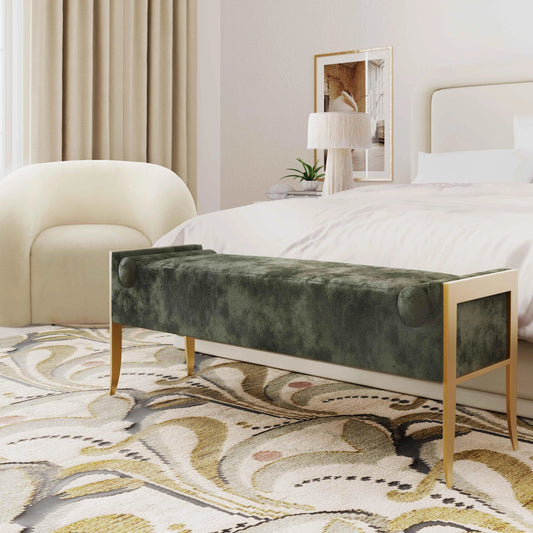 Ines Textured Velvet Bench by TOV Furniture in green. Made from stainless steel, velvet, wood in a modern style.