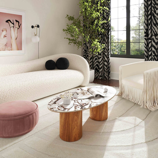 Tamara Oval Coffee Table by TOV Furniture in natural ash, white marble. Made from ash veneer, ceramic, mdf in a modern style.