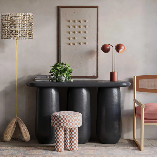 Claire Checkered Boucle Stool by TOV Furniture in brown. Made from boucle, mdf in a modern style.