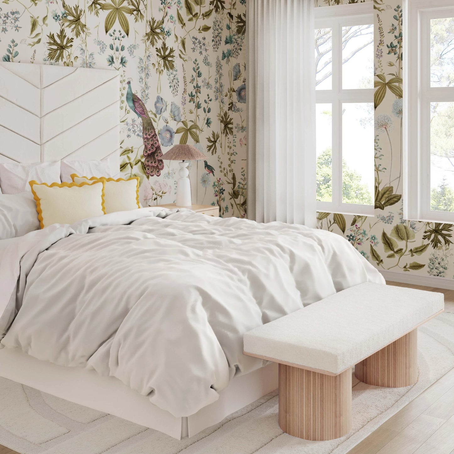 002 SI-2122169 | Lifestyle | Sagano Dyed-Yarn Bench by TOV Furniture in white. Made from mdf, polyester in a modern style.