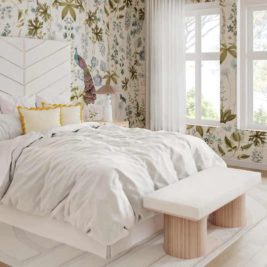 Sagano Dyed-Yarn Bench by TOV Furniture in white. Made from mdf, polyester in a modern style.