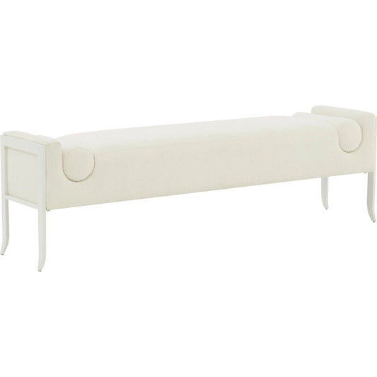 Ines Boucle Bench by TOV Furniture in cream. Made from boucle, stainless steel, wood in a unique style.
