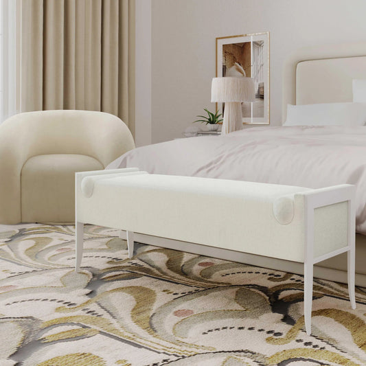 Ines Boucle Bench by TOV Furniture in cream. Made from boucle, stainless steel, wood in a unique style.