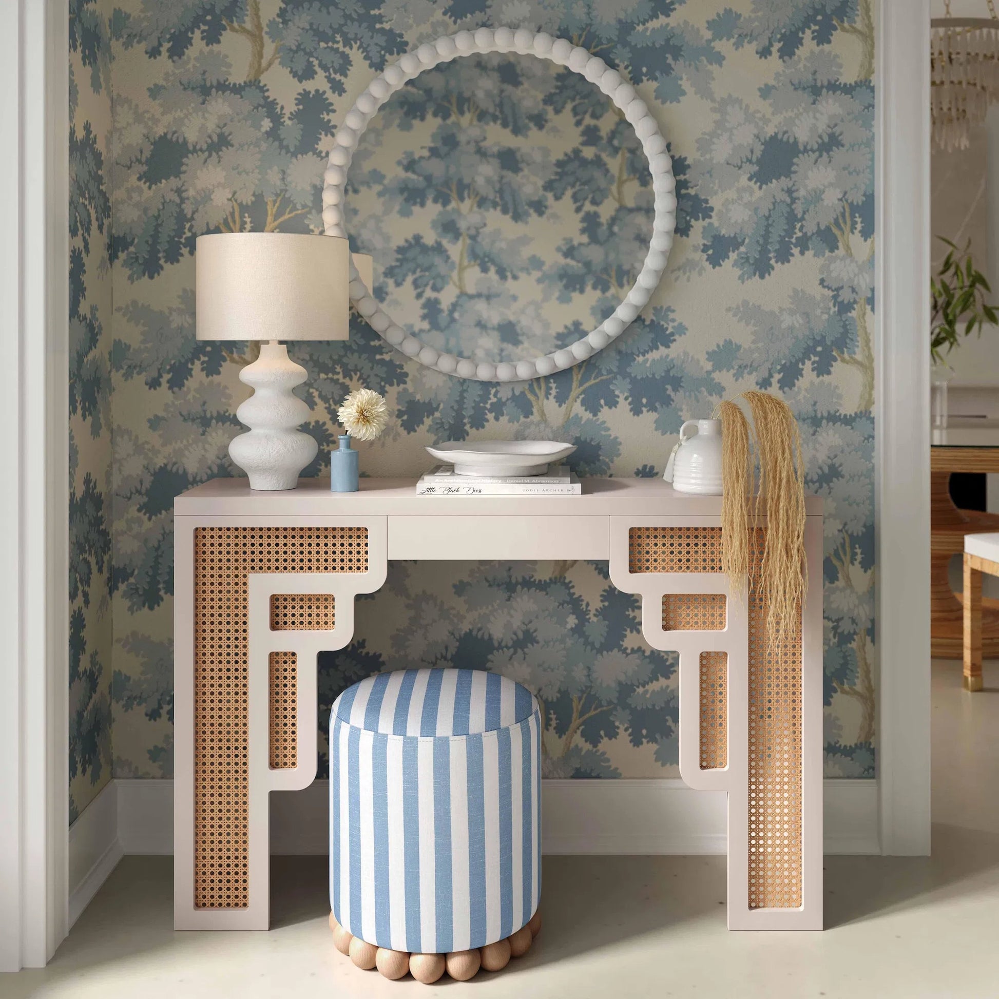 Dex Striped Linen Ottoman by TOV Furniture. Made from linen, plywood, wood in a unique style.