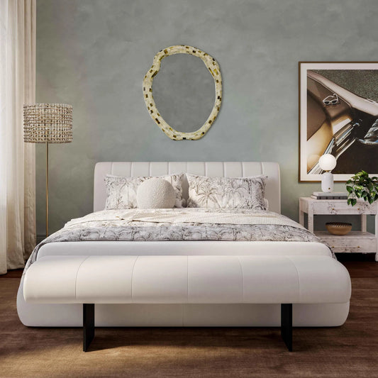 Karol Performance Vegan Leather Bench by TOV Furniture in cream. Made from mdf, pu leather, pine in a unique style.