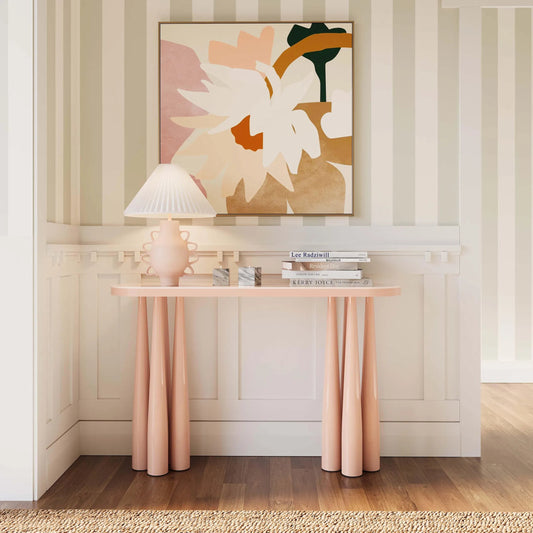 Titan Glossy Console Table by TOV Furniture in rose. Made from mdf, steel in a eclectic & global style.