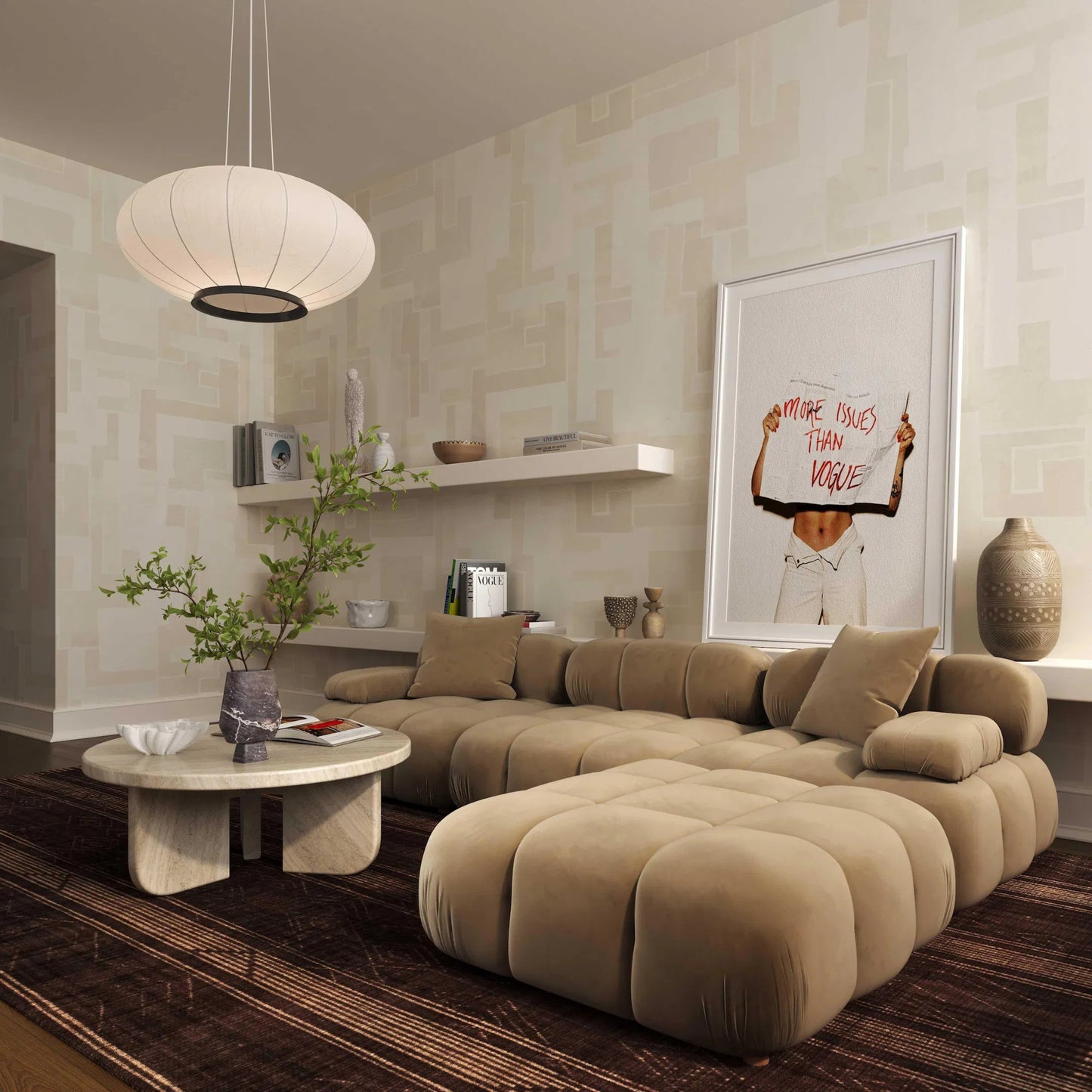 006 SI-2248177 | Lifestyle | Calliope Performance Velvet Modular Ottoman by TOV Furniture in cafe au lait. Made from plywood, velvet, wood in a transitional style.