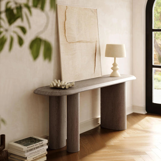 Rhema Console Table by TOV Furniture in washed ash. Made from ash veneer, mdf in a transitional style.
