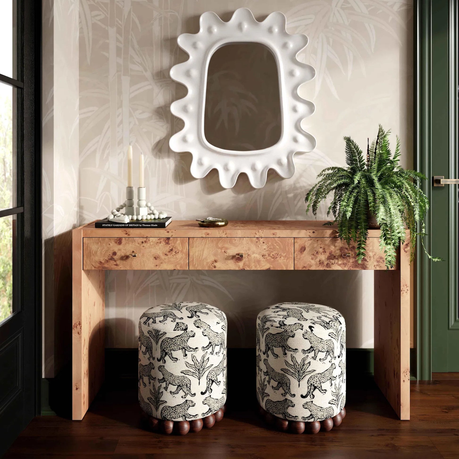 Dex Leopard Jacquard Ottoman by TOV Furniture. Made from fabric, plywood, wood in a unique style.