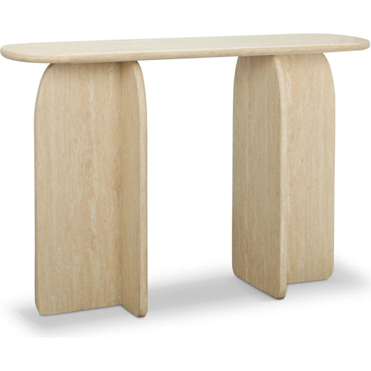 Clementine Faux Console Table by TOV Furniture in travertine. Made from iron, mdf, paper in a unique style.