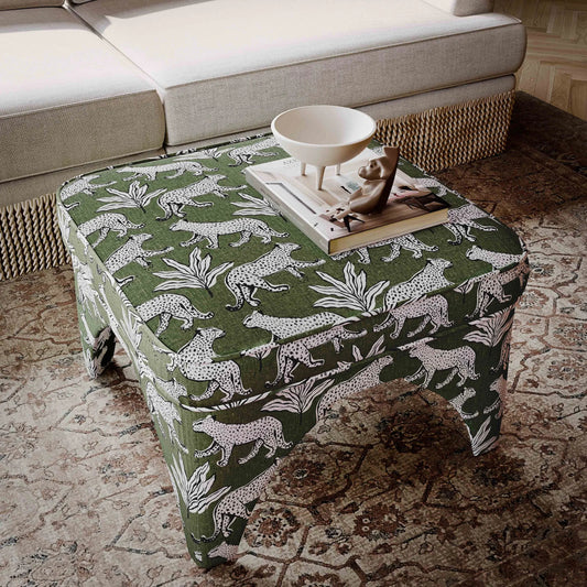 Raji Leopard Jacquard Ottoman by TOV Furniture. Made from jacquard, plywood in a eclectic & global style.