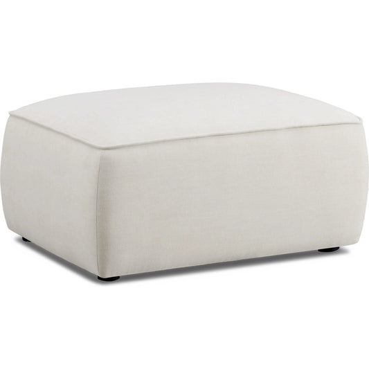Travie Upcycled Linen Ottoman by TOV Furniture in sand. Made from plywood, recycled fabric, wood in a unique style.