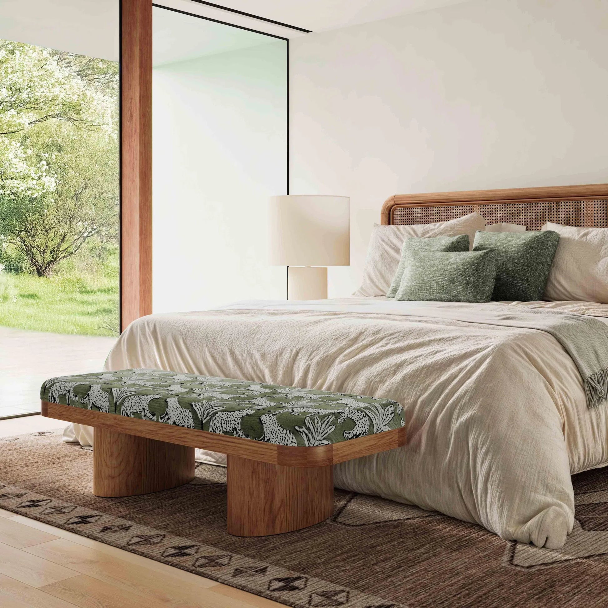 Ollie Leopard Jacquard Bench by TOV Furniture in olive green. Made from jacquard, wood in a eclectic & global style.