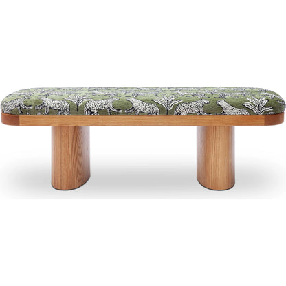 Ollie Leopard Jacquard Bench by TOV Furniture in olive green. Made from jacquard, wood in a eclectic & global style.